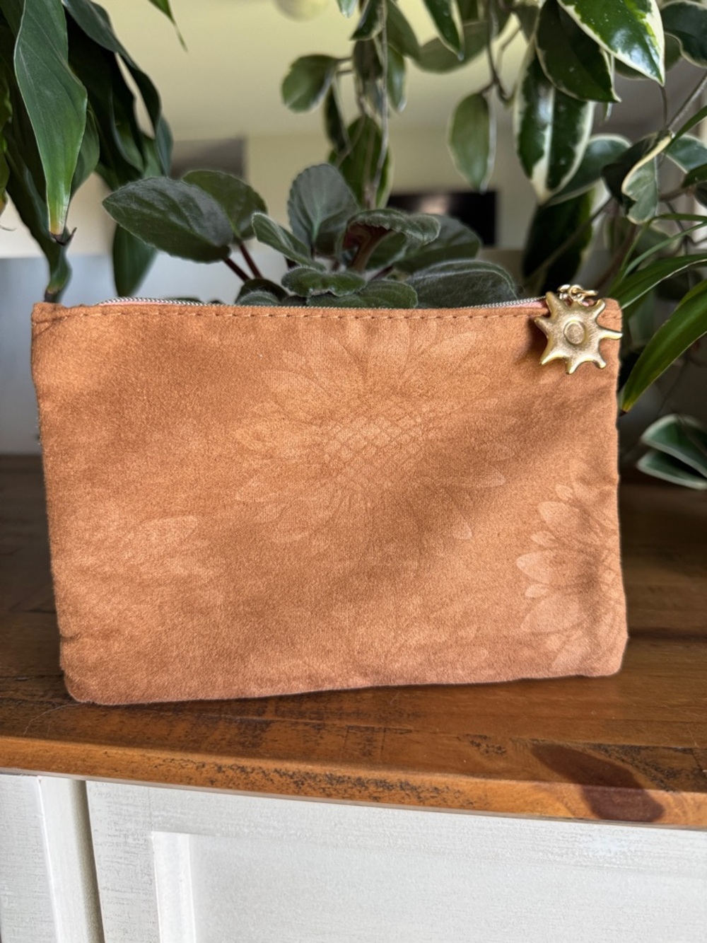 Ipsy March 2026 Suede Zip Pouch in Burnt Orange with Sun Charm